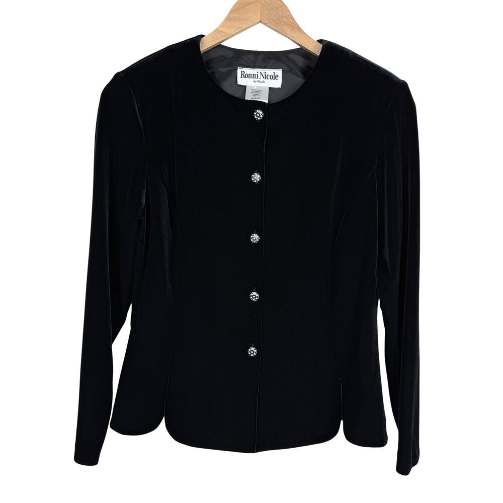 Vintage Ronni Nicole Black Velvet Jacket Rhinestone Buttons Evening Holiday M